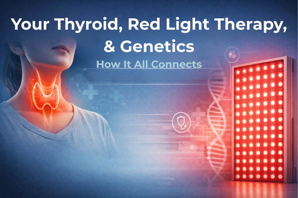 Red light therapy for thyroid health showing thyroid gland and light therapy panel